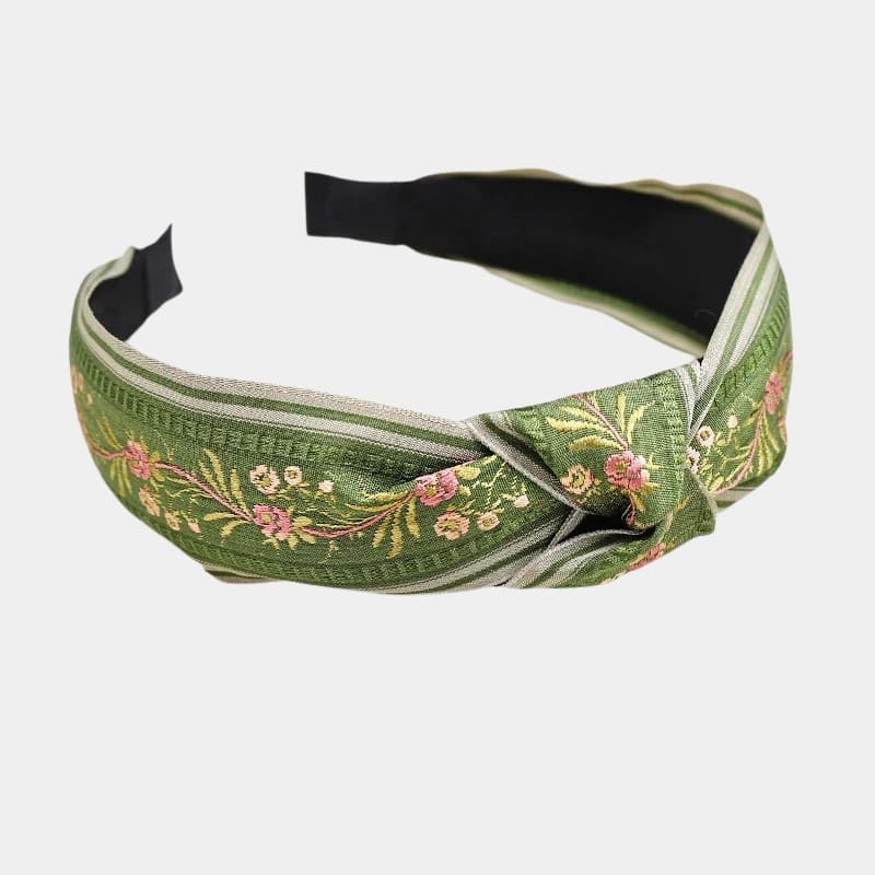 Green Floral Embroidered Headband with Knot | Meolina display picture 2