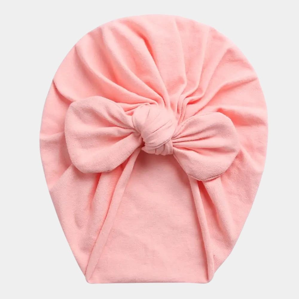 Turban bébé en coton rose pêche avec nœud papillon