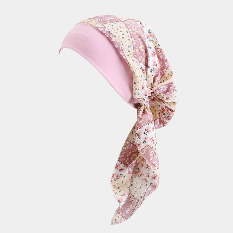 Turban foulard rose à fleurs